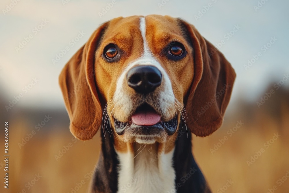 Beagle stands proudly in open field with a blurred background during golden hour Beagle stands proudly in open field with a blurred background during golden hour