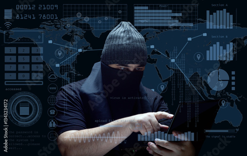 Cyber Hacker with Laptop and Digital HUD Interface