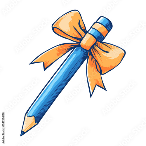 Y2k coquette blue pencil with ribbon bow illustration drawing art vector