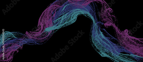 Artistic futuristic textured energy wave illustration on black background, retro horizontal wallpaper design
