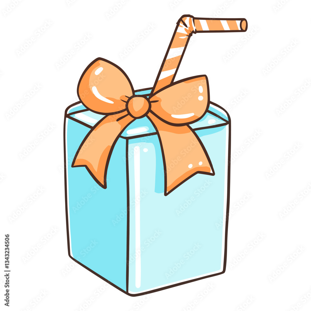 Milk cube blue carton with a straw with a orange bow tie illustration cartoon gift vector Milk cube blue carton with a straw with a orange bow tie illustration cartoon gift vector