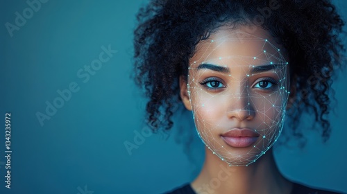African female in facial recognition network with blue background