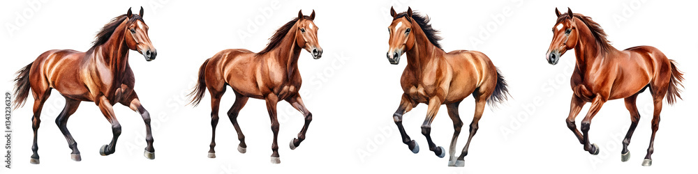 Fototapeta premium A group of majestic chestnut colored horses running together with grace and energy showcasing their strength and agility in a picturesque rural landscape