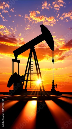 A majestic silhouette of an oil pumpjack stands tall against a vibrant sunset sky, its dark form starkly contrasting the fiery hues of the twilight, a powerful symbol of the energy