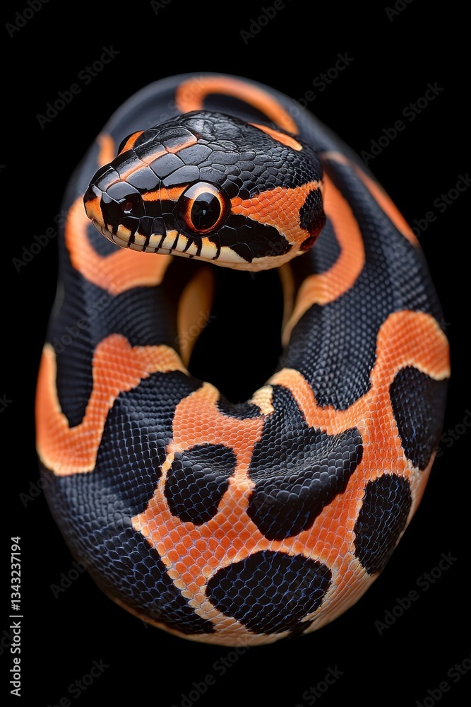 Fototapeta premium Vivid Orange and Black Python Coiled in a Captivating Pose Against a Dark Background.