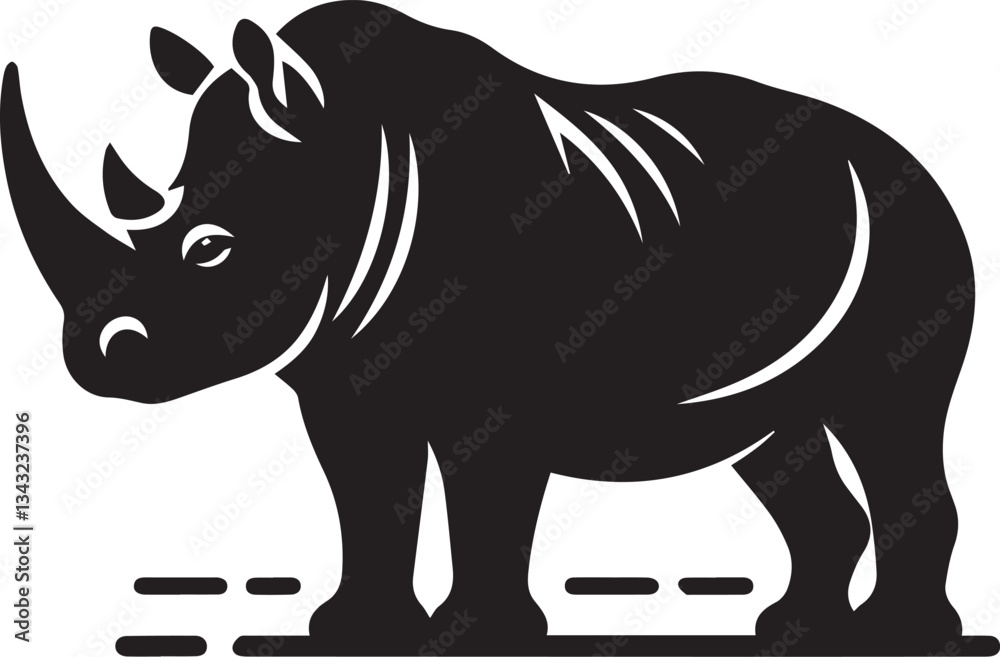 Fototapeta premium Wild black Rhino Silhouette on white background. Black and white rhino vector silhouette. Animal Silhouette. Vector illustration. 