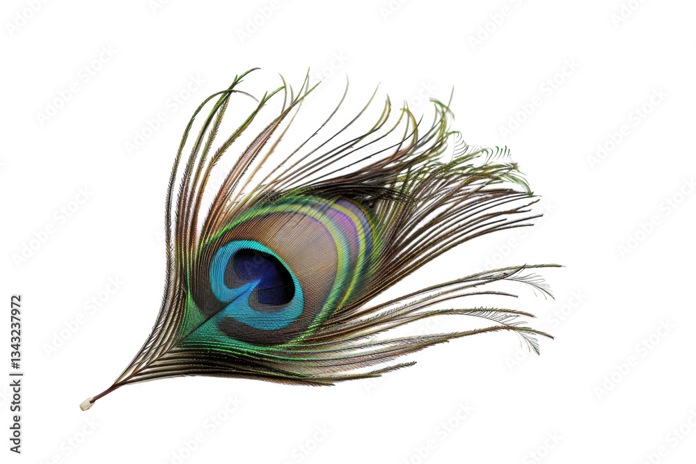 Obraz premium A delicate peacock feather showcases iridescent colors under soft light, symbolizing beauty and elegance in nature's design