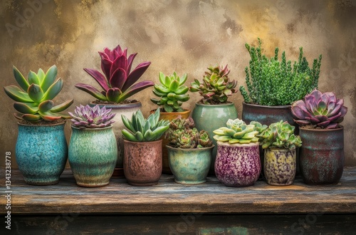 Wallpaper Mural A collection of uniquely shaped succulents in detailed ceramic pots, their vivid leaves contrasting beautifully with the blurred background. Torontodigital.ca