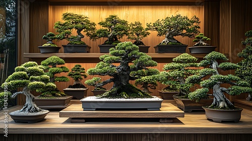 A tranquil bonsai display room with wooden shelves, soft lighting, and miniature trees arranged artistically