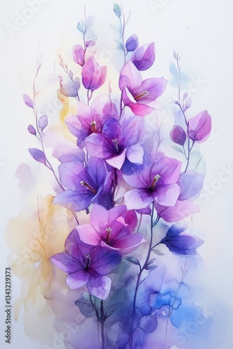 Soft pastel tones envelop bellflowers displaying blue and purple petals, creating an elegant floral composition ideal for invitations and backgrounds