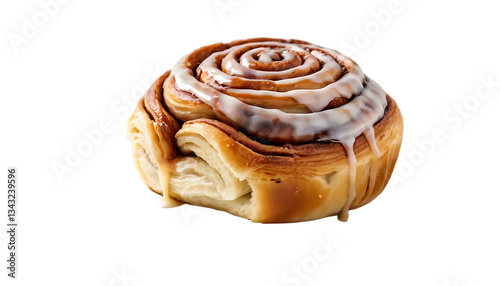 A close up shot of a cinnamon roll with white icing