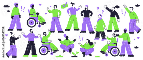 Diverse group engaging in playful activities, featuring people in wheelchairs and expressive gestures. Playful style