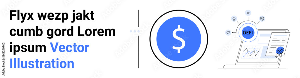 Blue dollar sign in a circular icon, laptop displaying DEFI connections and financial graphs. Ideal for fintech, blockchain, investment, cryptocurrency, economy, banking, simple landing page Blue dollar sign in a circular icon, laptop displaying DEFI connections and financial graphs. Ideal for fintech, blockchain, investment, cryptocurrency, economy, banking, simple landing page