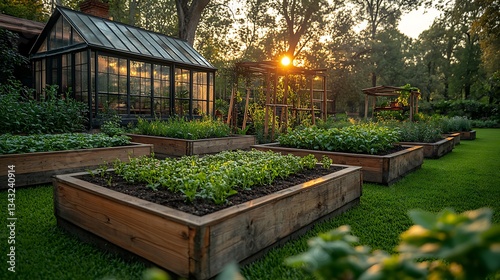 A tranquil herb garden with raised beds, trellises, and a small greenhouse for cultivating fresh ingredients