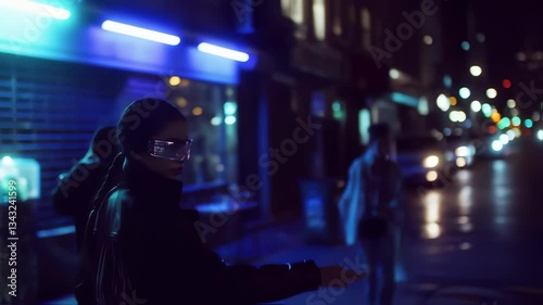 A futuristic individual wearing illuminated glasses stands confidently in a dimly lit urban environment.