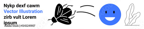 Fly in motion trajectory toward a happy blue face, accompanied by minimal abstract plant in corner. Ideal for humor, minimalism, biology, joy, emails, environment, simple landing page