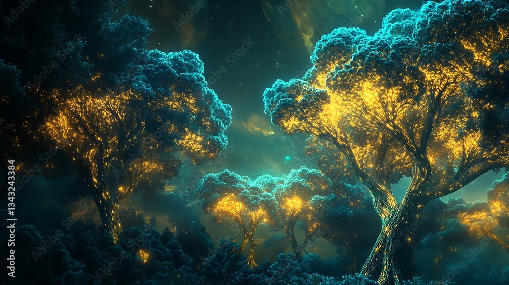 Fototapeta premium Glowing Fantasy Trees in Mystical Forest with Atmospheric Sky Background