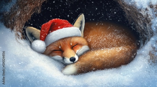 Cozy red fox in Santa hat sleeps in snowy den.