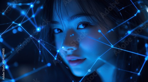 Young woman in a blue dress in the city at night with digital technology and electric energy
