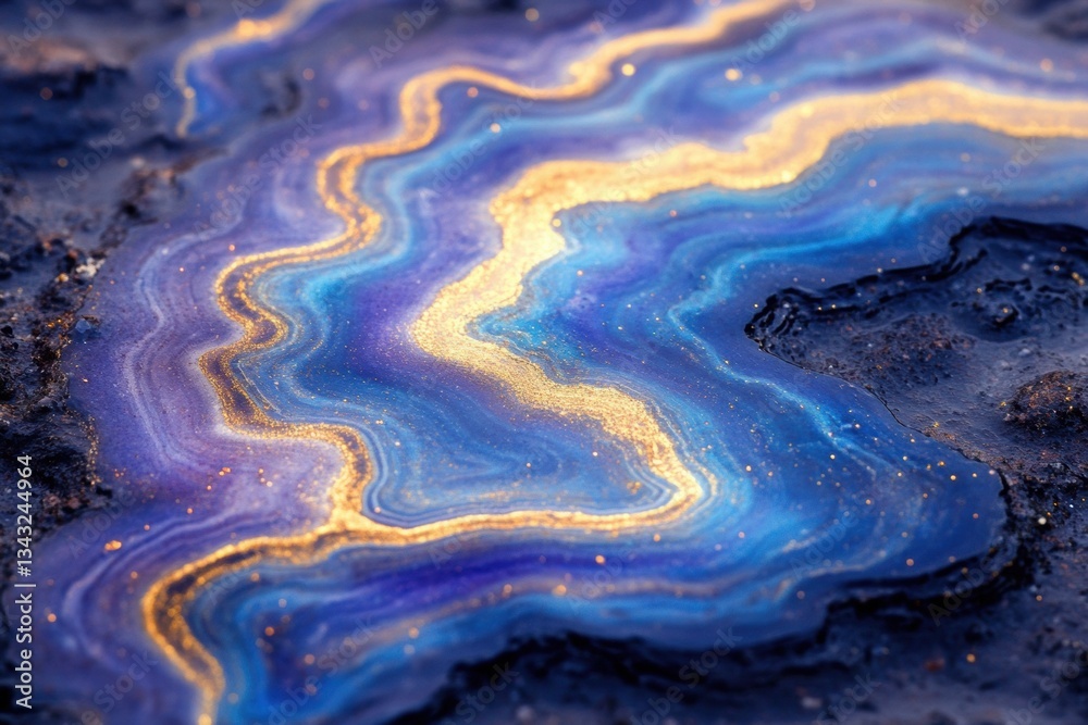 Fototapeta premium Abstract art featuring swirling blues and golds, resembling a celestial landscape or a precious gemstone.