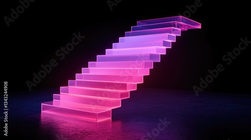 Glowing neon pink and purple staircase ascending into darkness elegantly