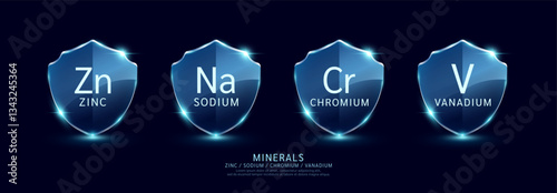 Zinc Sodium Chromium Vanadium in translucent glass shield modern. Minerals set on dark blue background. For design dietary supplement products. Medical health care protection concept. Vector.