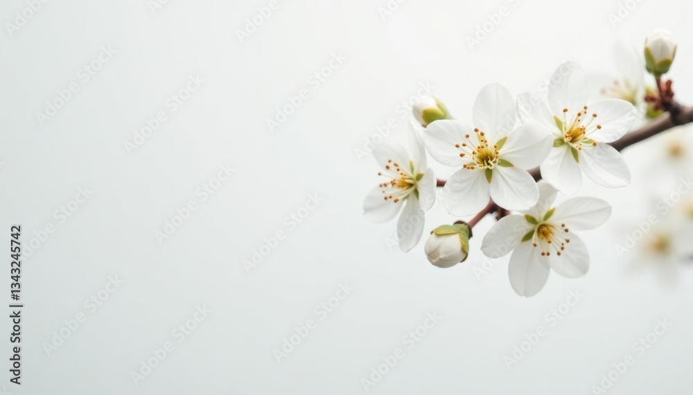 Delicate white blossoms against pure white backdrop, purity, light Delicate white blossoms against pure white backdrop, purity, light