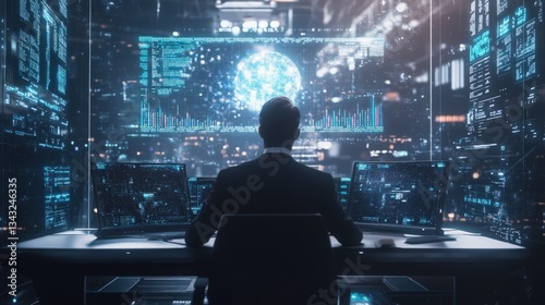 Wallpaper Mural Focused artificial intelligence expert working at a futuristic digital desk, surrounded by floating holographic screens and data streams Torontodigital.ca