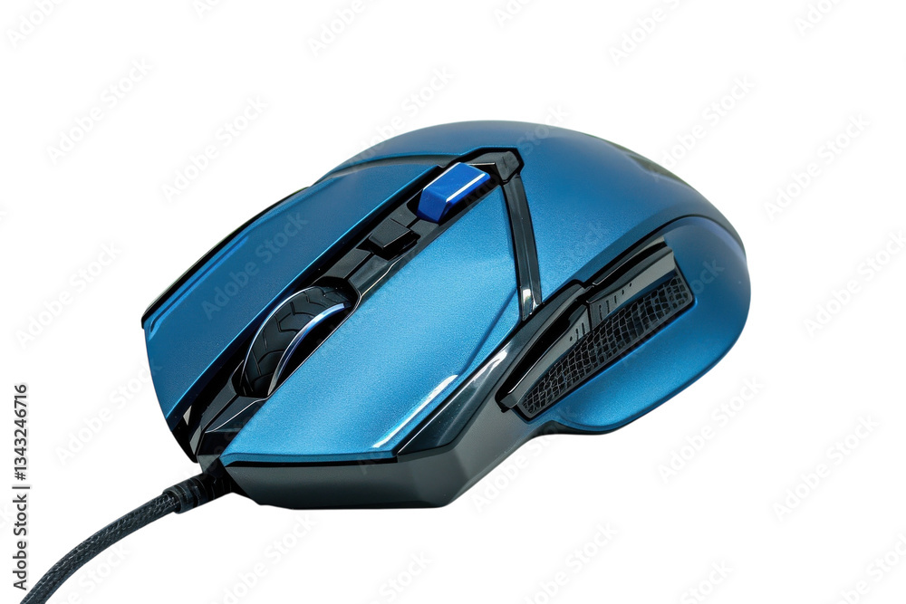 A sleek blue gaming mouse rests on a white surface, showcasing its ergonomic design and precise controls for avid gamers