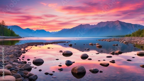 A panoramic view of a tranquil lake at twilight,
