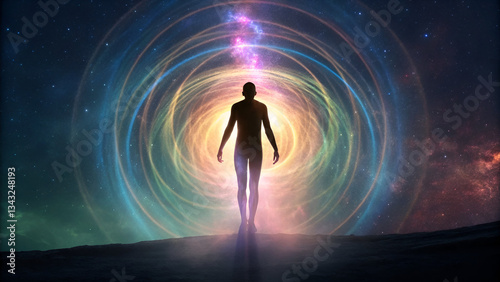 law of attraction visualization vibration manifestation A silhouette of a person stands before a vibrant, swirling cosmic portal.