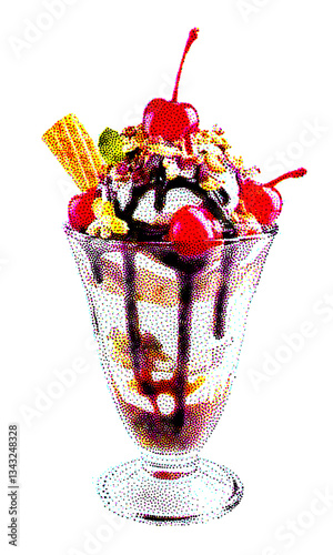 Ice cream sundae with cherries and toppings. Retro halftone stipple effect. An AI image was used as input.