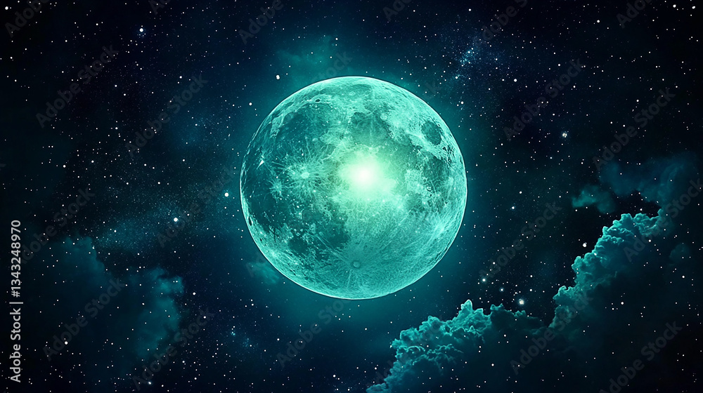 Fototapeta premium Bright turquoise moon illuminating a starry night sky with clouds drifting by