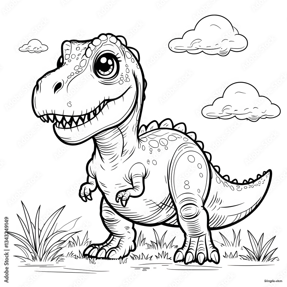 Fototapeta premium Discover the fun and adorable world of dinosaurs with this Kawaii T. Rex Coloring Page! This cute baby Tyrannosaurus Rex is designed in a simple, bold-outlined style, making it perfect for kids, toddl