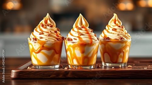 Caramel Ice Cream Sundaes on Dark Wood - Vibrant Dessert Photography
