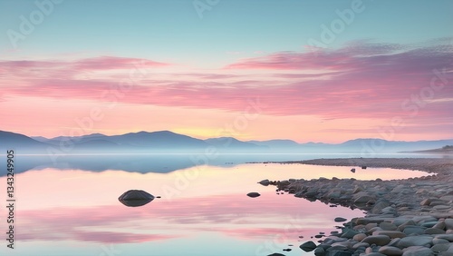 A panoramic view of a tranquil lake at twilight,