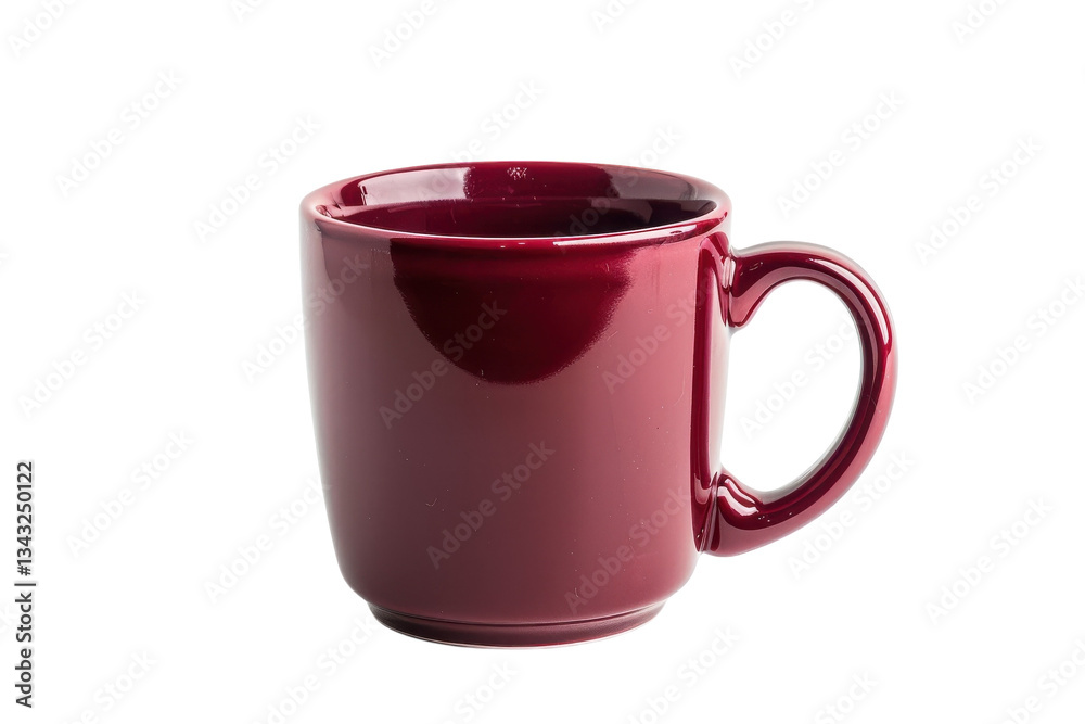 Obraz premium A glossy burgundy mug filled with steaming liquid set against a minimalist white background to evoke warmth and comfort in your favorite drink