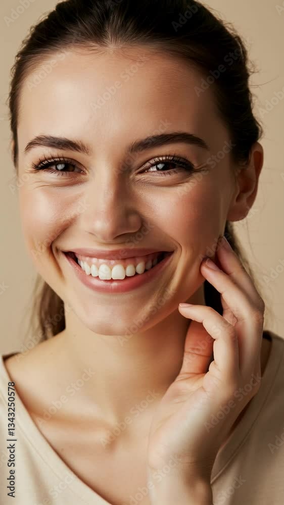 A close-up shot of a smiling person with a neutral background A close-up shot of a smiling person with a neutral background