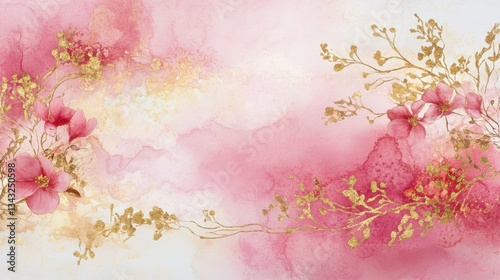 Fondo acuarelado decorativo con flores doradas y rosas photo