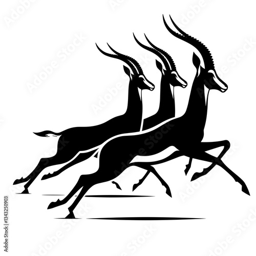 Three running antelopes silhouette on white background