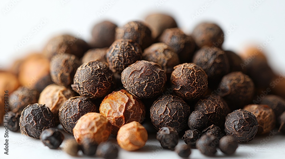 Close-up of various dried peppercorns scattered on a white surface Close-up of various dried peppercorns scattered on a white surface