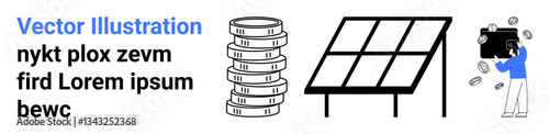 Stacked coins, a solar panel, and a person with a camera surrounded by coins highlight themes including green energy, economic savings, sustainability, and innovative technology. Ideal for energy