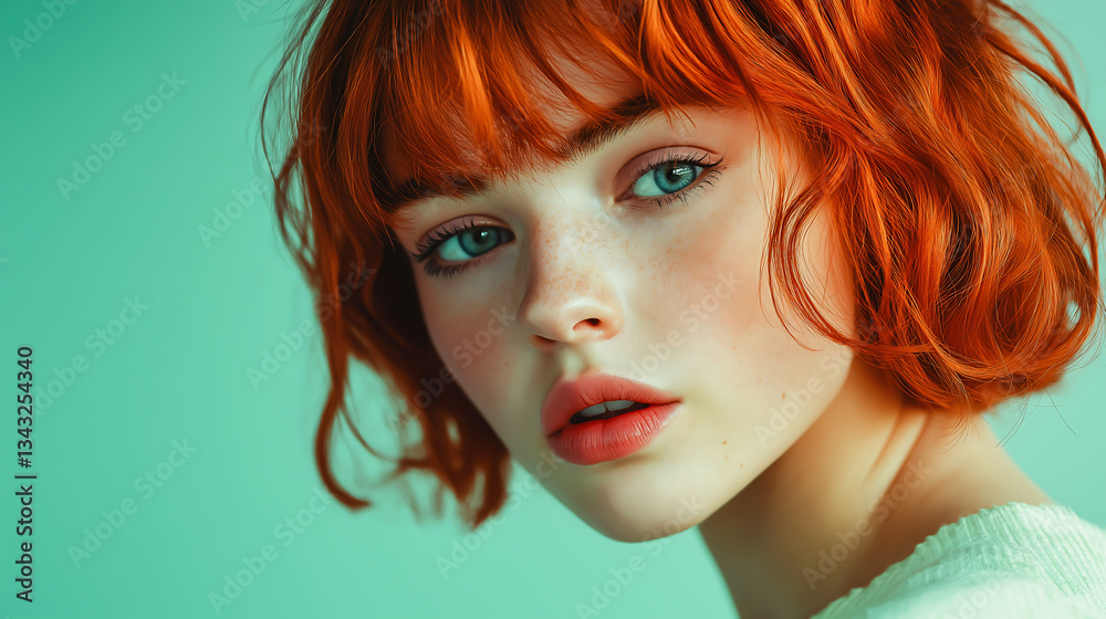 Fototapeta premium Portrait of a beautiful young woman with short bob haircut, looking camera with confidence isolated on studio background. Natural female beauty. Self-care and wellness. Body and skin care
