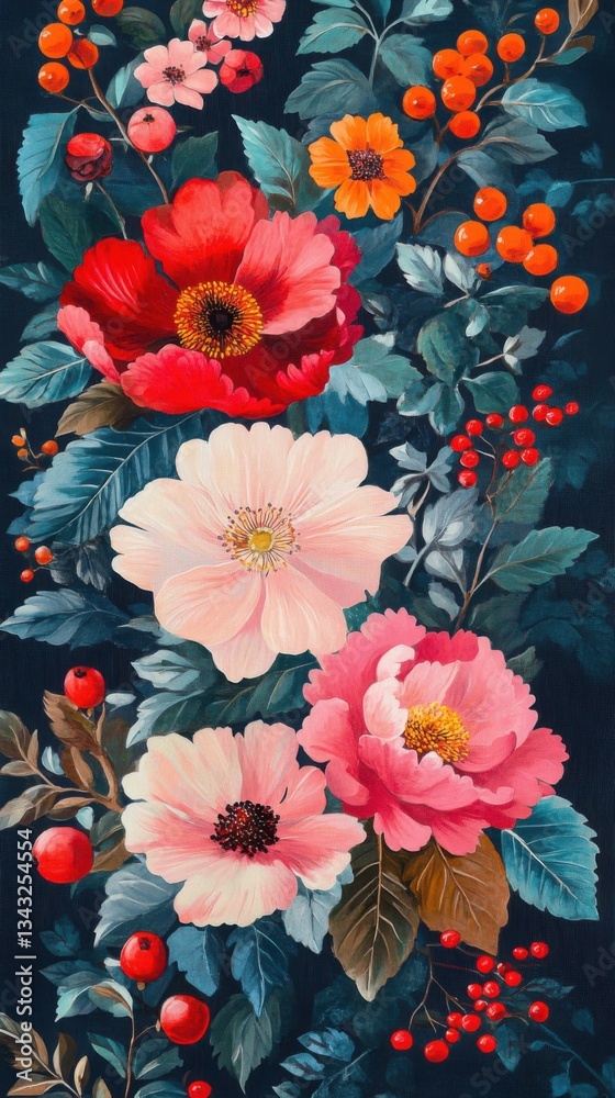 Diseño floral colorido con flores sobre fondo oscuro