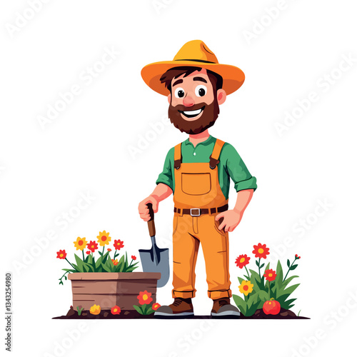 Vsai happy farmer holding shovel and taking care of plants in garden