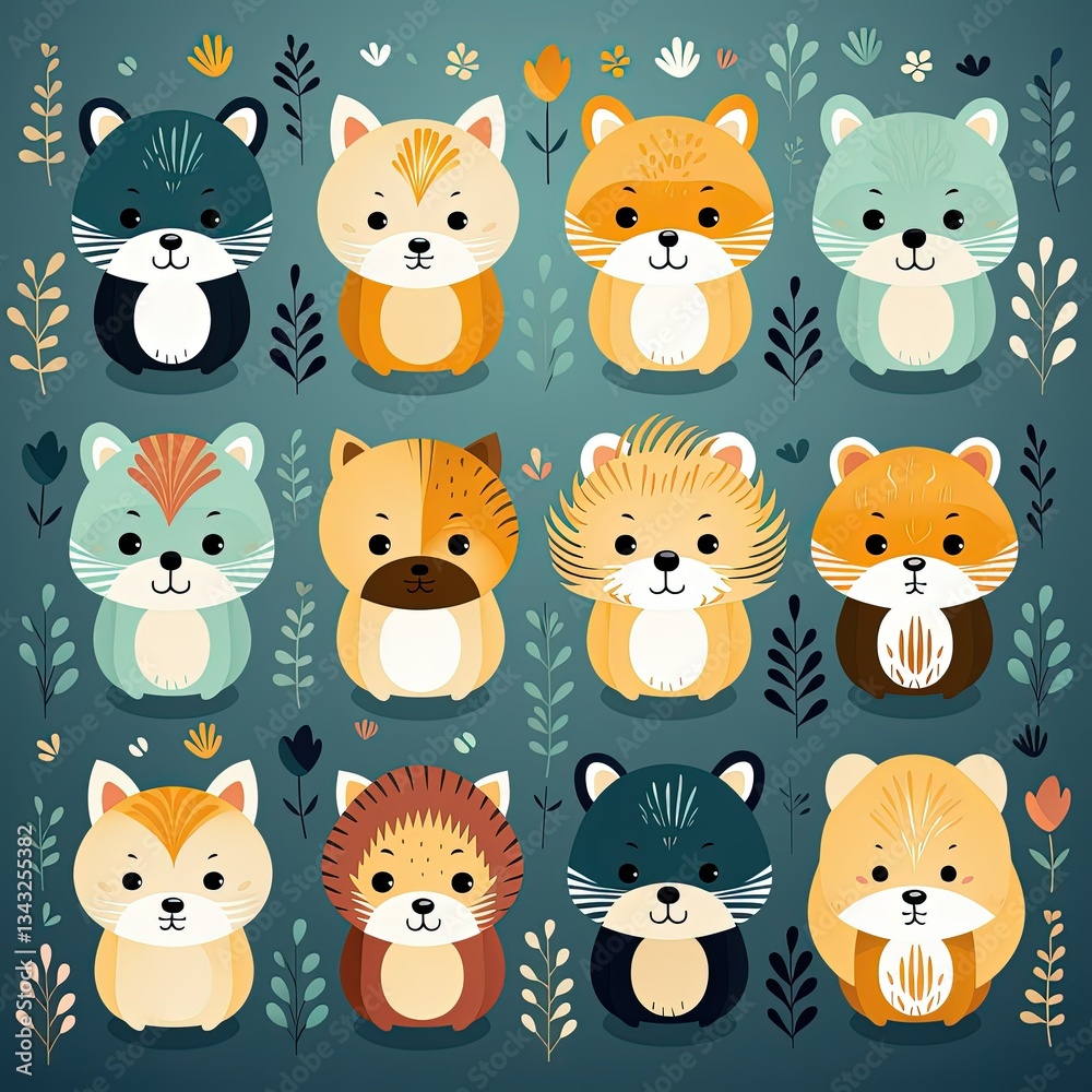 Fototapeta premium Kawaii Style Repeating Animal Illustration for Decoration