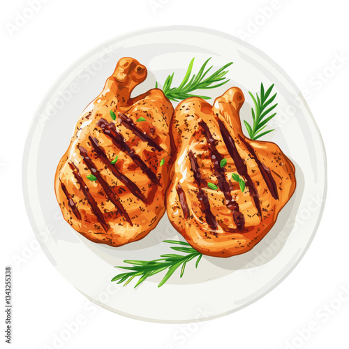 Chicken grilled in a plate illustration food presentation vector
