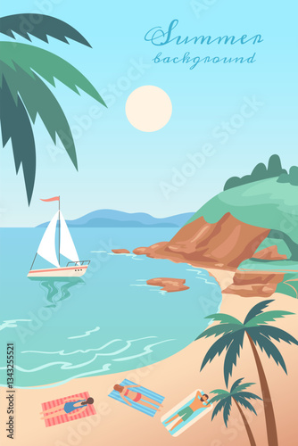  Summer vacation by the sea, people sunbathe on the beach, palm trees, sand, sun.Landscape with mountains.Poststers vector illustration