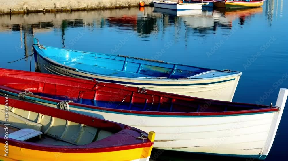 Colorful boats floating calmly on serene water, reflecting vibrant hues of red, blue, and yellow in a peaceful coastal scene during golden hour Colorful boats floating calmly on serene water, reflecting vibrant hues of red, blue, and yellow in a peaceful coastal scene during golden hour