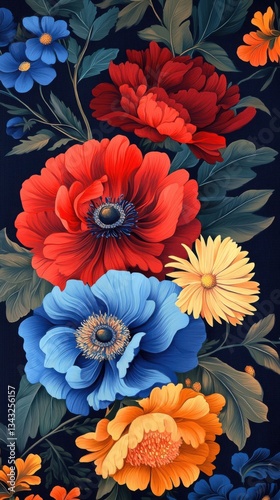 Composición de flores coloridas sobre fondo oscuro